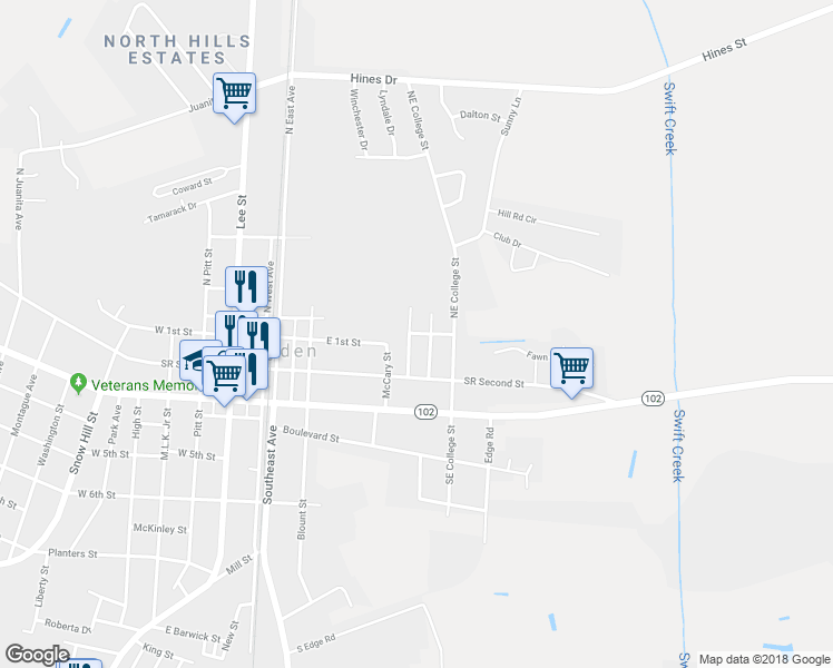map of restaurants, bars, coffee shops, grocery stores, and more near 631 Cannon Street in Ayden