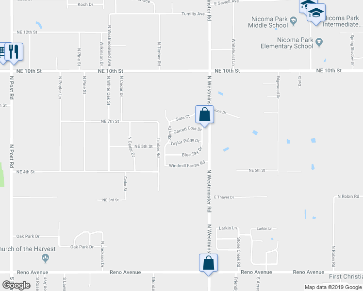 map of restaurants, bars, coffee shops, grocery stores, and more near 10824 Taylor Paige Drive in Midwest City