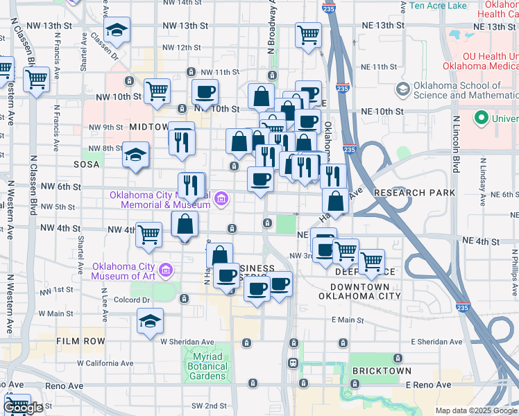 map of restaurants, bars, coffee shops, grocery stores, and more near 617 North Broadway Avenue in Oklahoma City