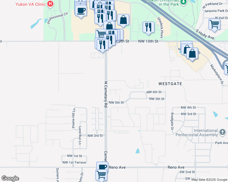 map of restaurants, bars, coffee shops, grocery stores, and more near 609 Celtic Circle in Yukon