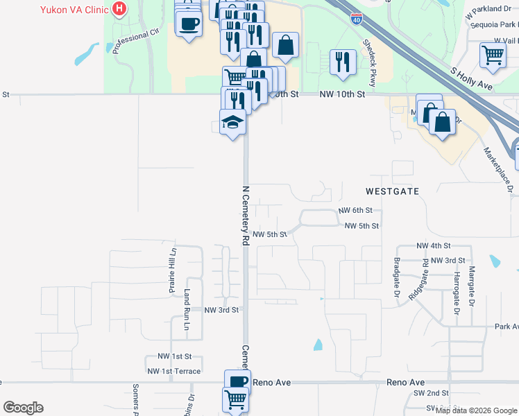 map of restaurants, bars, coffee shops, grocery stores, and more near 609 Celtic Circle in Yukon
