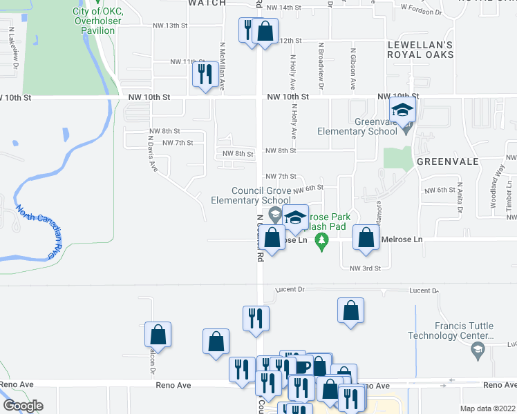 map of restaurants, bars, coffee shops, grocery stores, and more near North Council Road & Northwest 5th Street in Oklahoma City