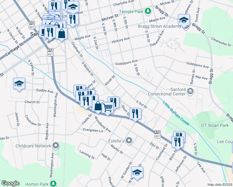 map of restaurants, bars, coffee shops, grocery stores, and more near 801 Chatham Street in Sanford