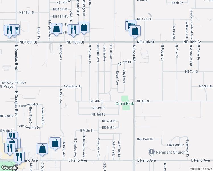 map of restaurants, bars, coffee shops, grocery stores, and more near 620 Juniper Avenue in Midwest City