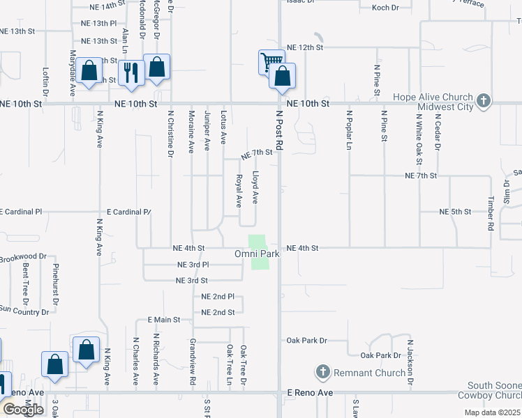 map of restaurants, bars, coffee shops, grocery stores, and more near 628 Lloyd Avenue in Midwest City