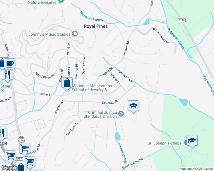 map of restaurants, bars, coffee shops, grocery stores, and more near 15 Oak Leaf Lane in Arden
