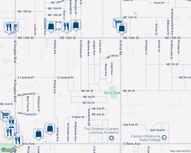 map of restaurants, bars, coffee shops, grocery stores, and more near 620 Juniper Avenue in Midwest City