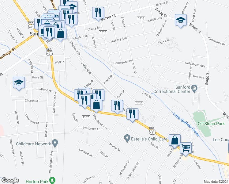 map of restaurants, bars, coffee shops, grocery stores, and more near 805 Chatham Street in Sanford