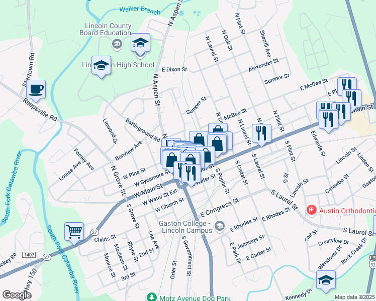 map of restaurants, bars, coffee shops, grocery stores, and more near 129 East Pine Street in Lincolnton