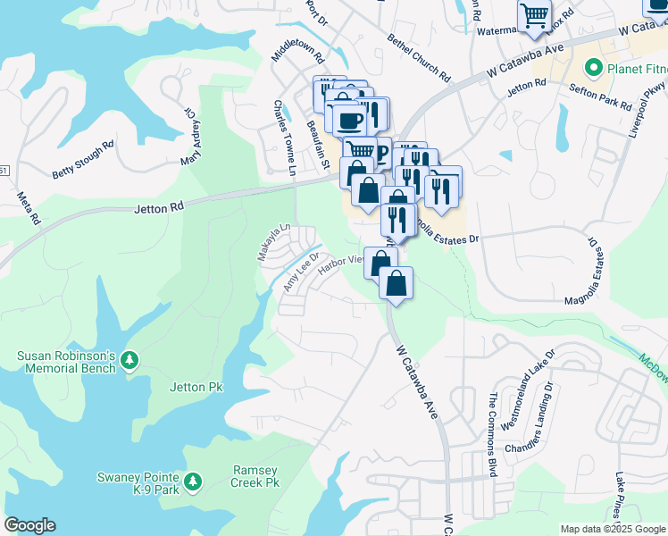 map of restaurants, bars, coffee shops, grocery stores, and more near 20586 Harbor View Drive in Cornelius