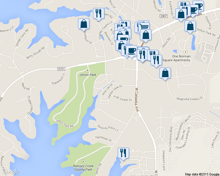 map of restaurants, bars, coffee shops, grocery stores, and more near 20246 Amy Lee Drive in Cornelius