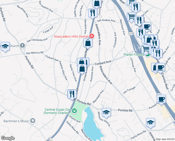 map of restaurants, bars, coffee shops, grocery stores, and more near 8025 Amapoa Avenue in Atascadero
