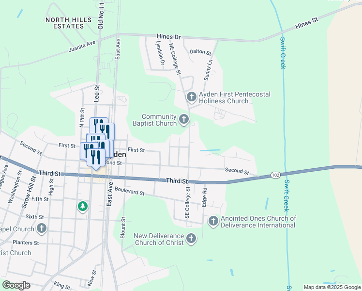 map of restaurants, bars, coffee shops, grocery stores, and more near 4116-4124 Northeast College Street in Ayden