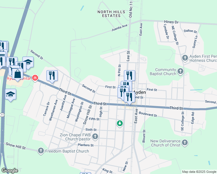 map of restaurants, bars, coffee shops, grocery stores, and more near 453 1st St in Ayden