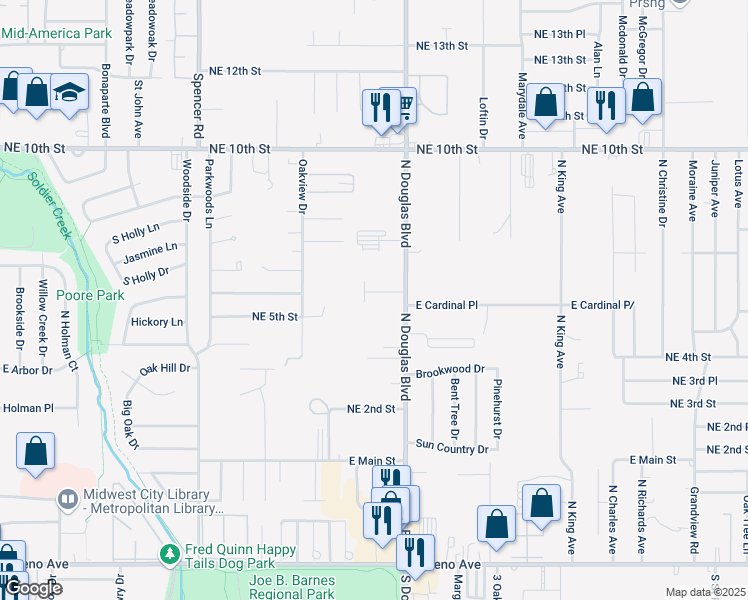 map of restaurants, bars, coffee shops, grocery stores, and more near 8900 Oak Valley Drive in Midwest City