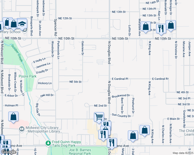 map of restaurants, bars, coffee shops, grocery stores, and more near 8900 Oak Valley Drive in Midwest City