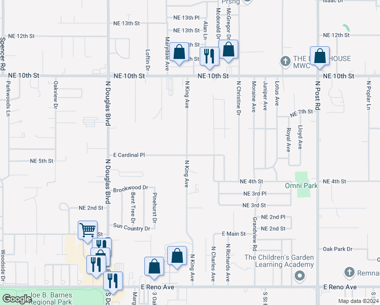 map of restaurants, bars, coffee shops, grocery stores, and more near 9401 East Cardinal Place in Oklahoma City