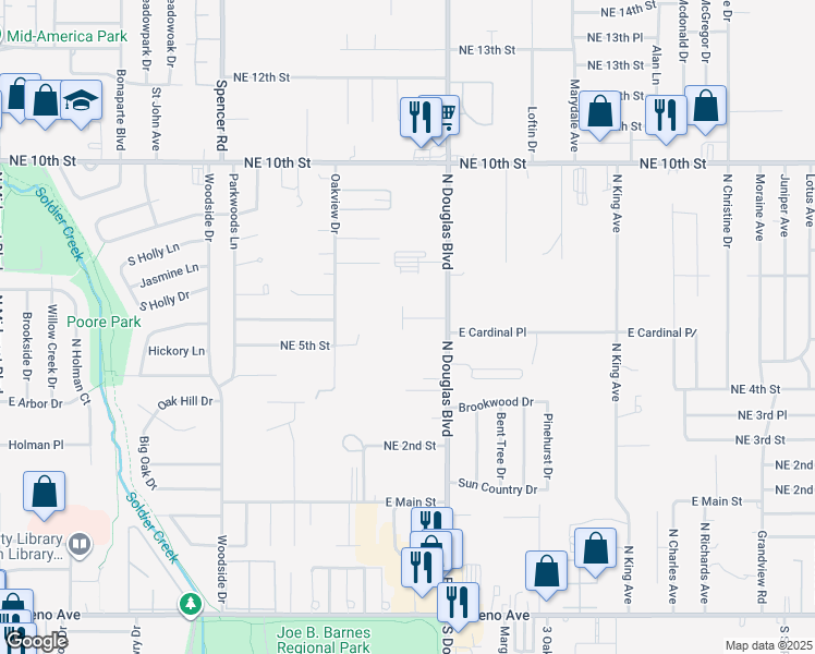 map of restaurants, bars, coffee shops, grocery stores, and more near 8900 Oak Valley Drive in Midwest City