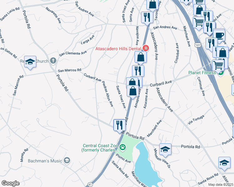 map of restaurants, bars, coffee shops, grocery stores, and more near 8170 Santa Ynez Avenue in Atascadero