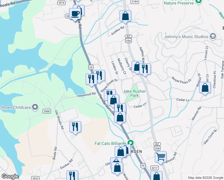 map of restaurants, bars, coffee shops, grocery stores, and more near 119 Blake Drive in Arden