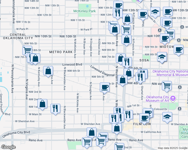 map of restaurants, bars, coffee shops, grocery stores, and more near 615 North Douglas Avenue in Oklahoma City