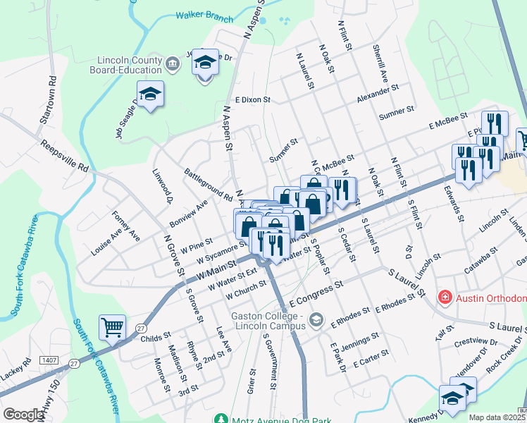 map of restaurants, bars, coffee shops, grocery stores, and more near 119 East Pine Street in Lincolnton