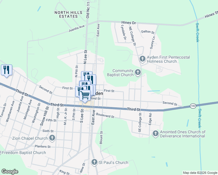 map of restaurants, bars, coffee shops, grocery stores, and more near 595 1st St in Ayden