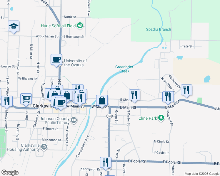 map of restaurants, bars, coffee shops, grocery stores, and more near 301 North Rogers Street in Clarksville