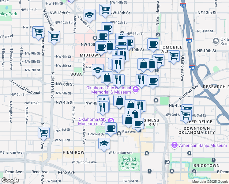 map of restaurants, bars, coffee shops, grocery stores, and more near 333 Northwest 5th Street in Oklahoma City