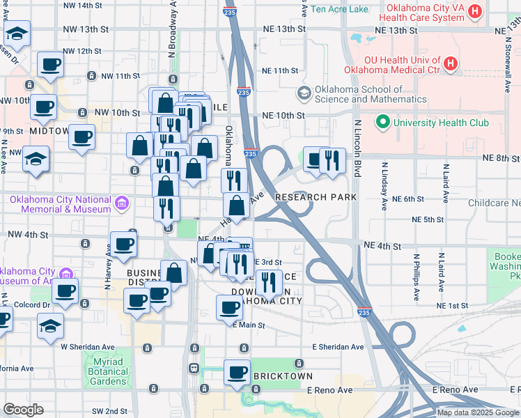 map of restaurants, bars, coffee shops, grocery stores, and more near 126 Harrison Avenue in Oklahoma City