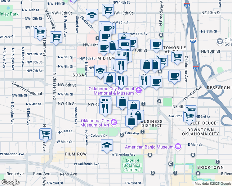 map of restaurants, bars, coffee shops, grocery stores, and more near 333 Northwest 5th Street in Oklahoma City
