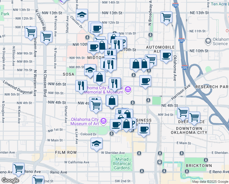 map of restaurants, bars, coffee shops, grocery stores, and more near 333 Northwest 5th Street in Oklahoma City