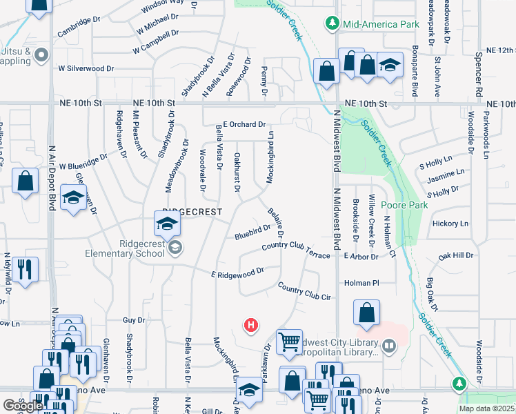 map of restaurants, bars, coffee shops, grocery stores, and more near 3403 Belaire Drive in Midwest City