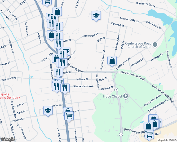 map of restaurants, bars, coffee shops, grocery stores, and more near 2315 Dale Earnhardt Boulevard in Kannapolis