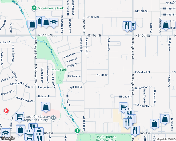 map of restaurants, bars, coffee shops, grocery stores, and more near 1300 Parkwoods Terrace in Midwest City