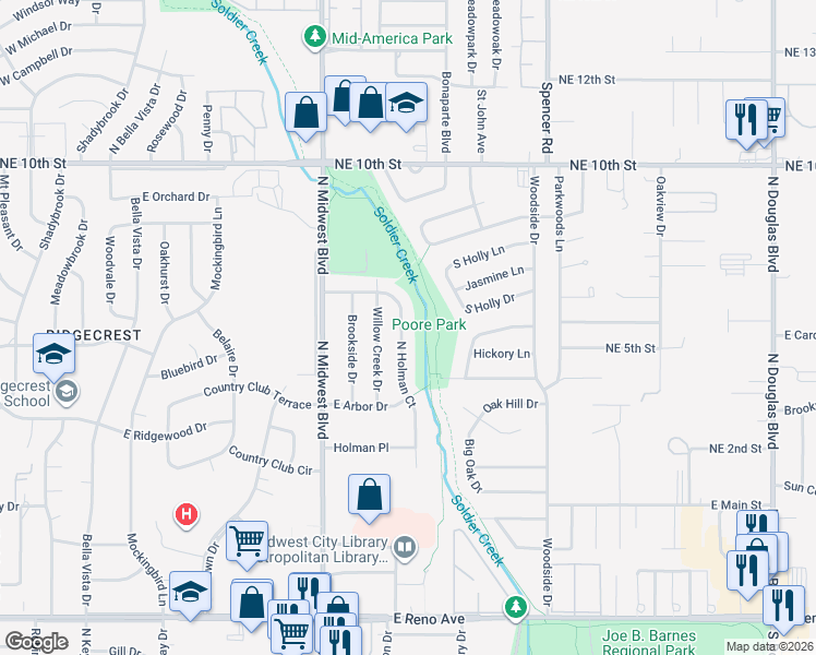 map of restaurants, bars, coffee shops, grocery stores, and more near 3424 North Holman Court in Midwest City