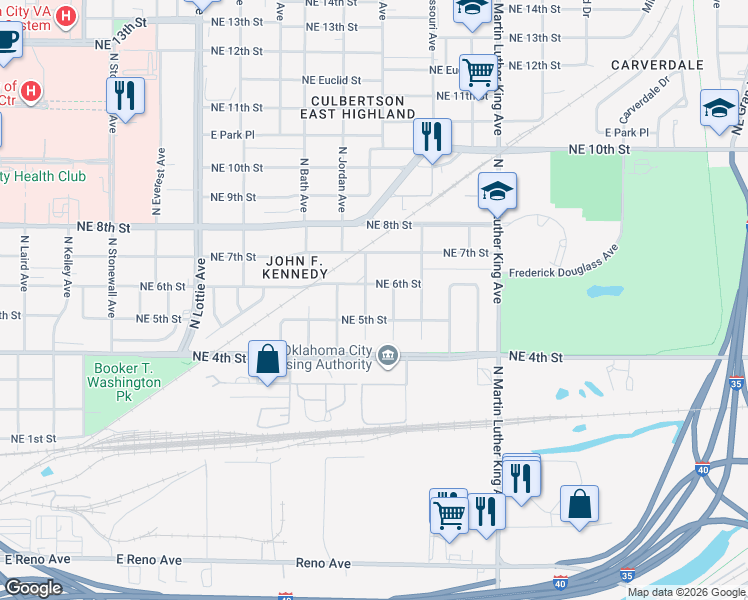 map of restaurants, bars, coffee shops, grocery stores, and more near 612 North Kelham Avenue in Oklahoma City