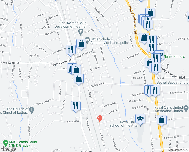 map of restaurants, bars, coffee shops, grocery stores, and more near 1509 Oakshade Avenue in Kannapolis