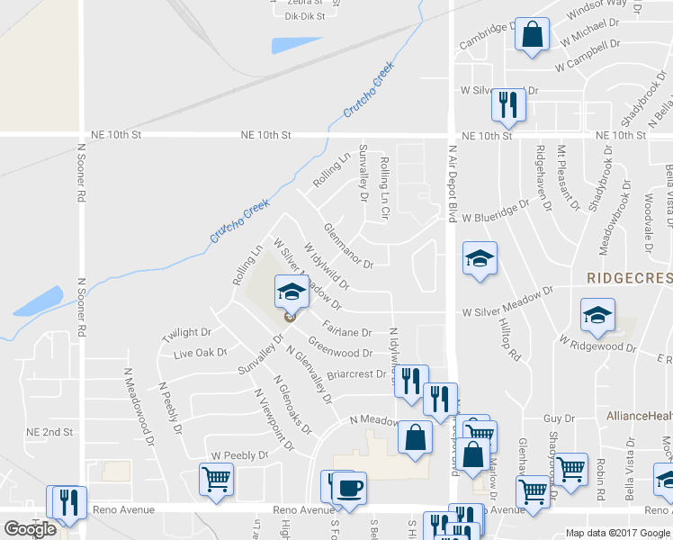 map of restaurants, bars, coffee shops, grocery stores, and more near 901 West Idylwild Drive in Midwest City