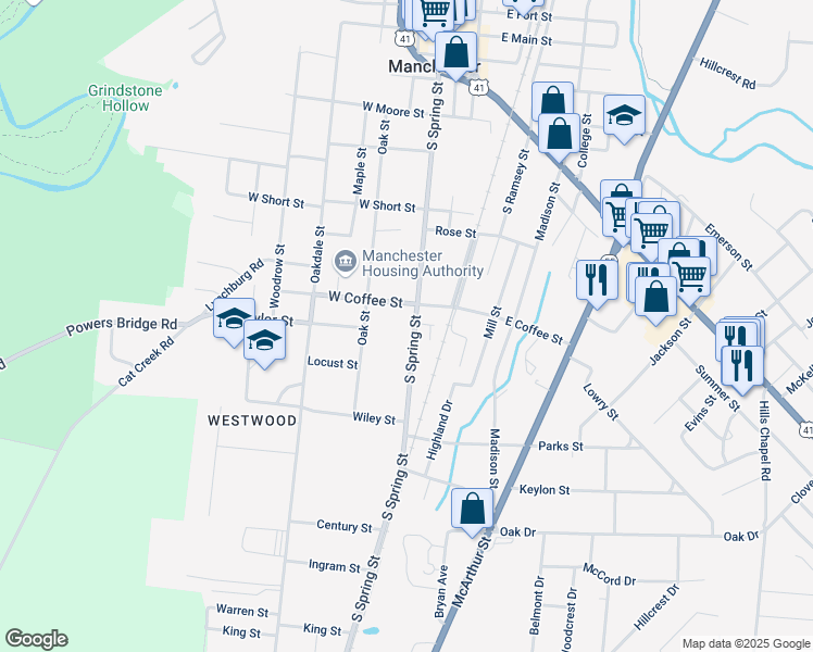 map of restaurants, bars, coffee shops, grocery stores, and more near 810 South Spring Street in Manchester