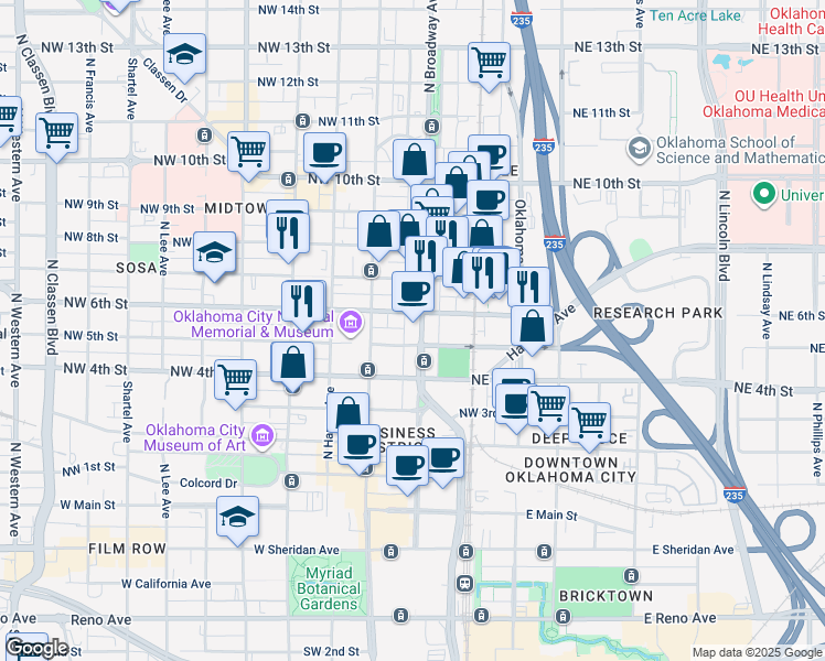 map of restaurants, bars, coffee shops, grocery stores, and more near 617 North Broadway Avenue in Oklahoma City