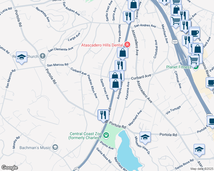 map of restaurants, bars, coffee shops, grocery stores, and more near 8170 Santa Ynez Avenue in Atascadero