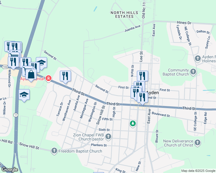 map of restaurants, bars, coffee shops, grocery stores, and more near 322 Cottonfield Ct in Ayden