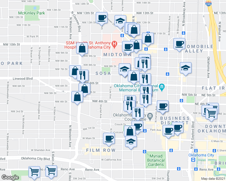 map of restaurants, bars, coffee shops, grocery stores, and more near 627 Northwest 5th Street in Oklahoma City