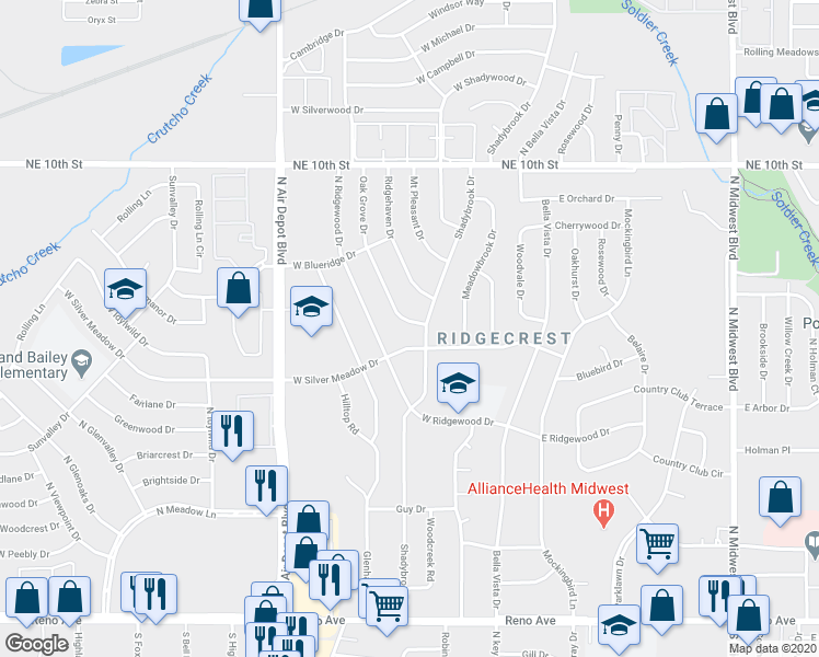 map of restaurants, bars, coffee shops, grocery stores, and more near 3301 Oak Grove Drive in Midwest City