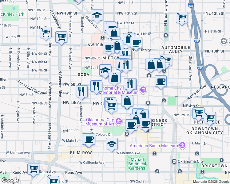 map of restaurants, bars, coffee shops, grocery stores, and more near 618n North Walker Avenue in Oklahoma City