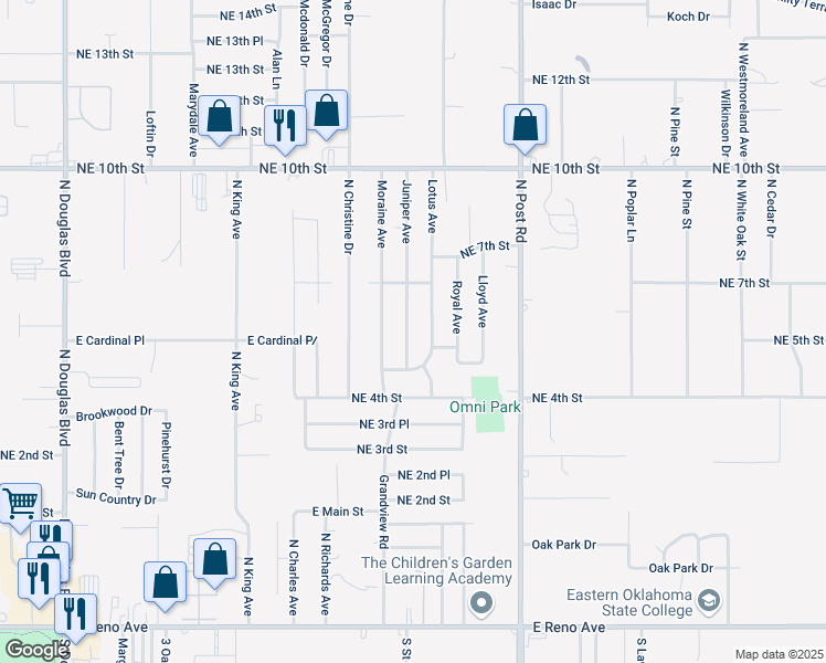 map of restaurants, bars, coffee shops, grocery stores, and more near 620 Juniper Avenue in Midwest City
