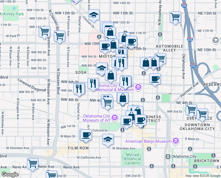 map of restaurants, bars, coffee shops, grocery stores, and more near 618n North Walker Avenue in Oklahoma City
