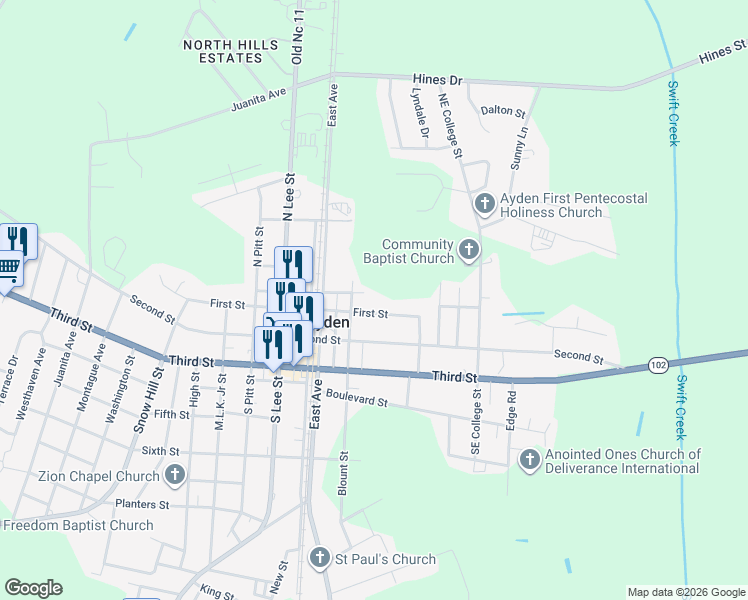 map of restaurants, bars, coffee shops, grocery stores, and more near 595 1st St in Ayden