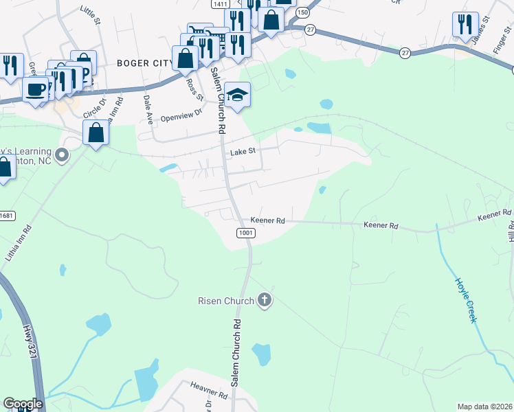 map of restaurants, bars, coffee shops, grocery stores, and more near 387 Salem Church Road in Lincolnton